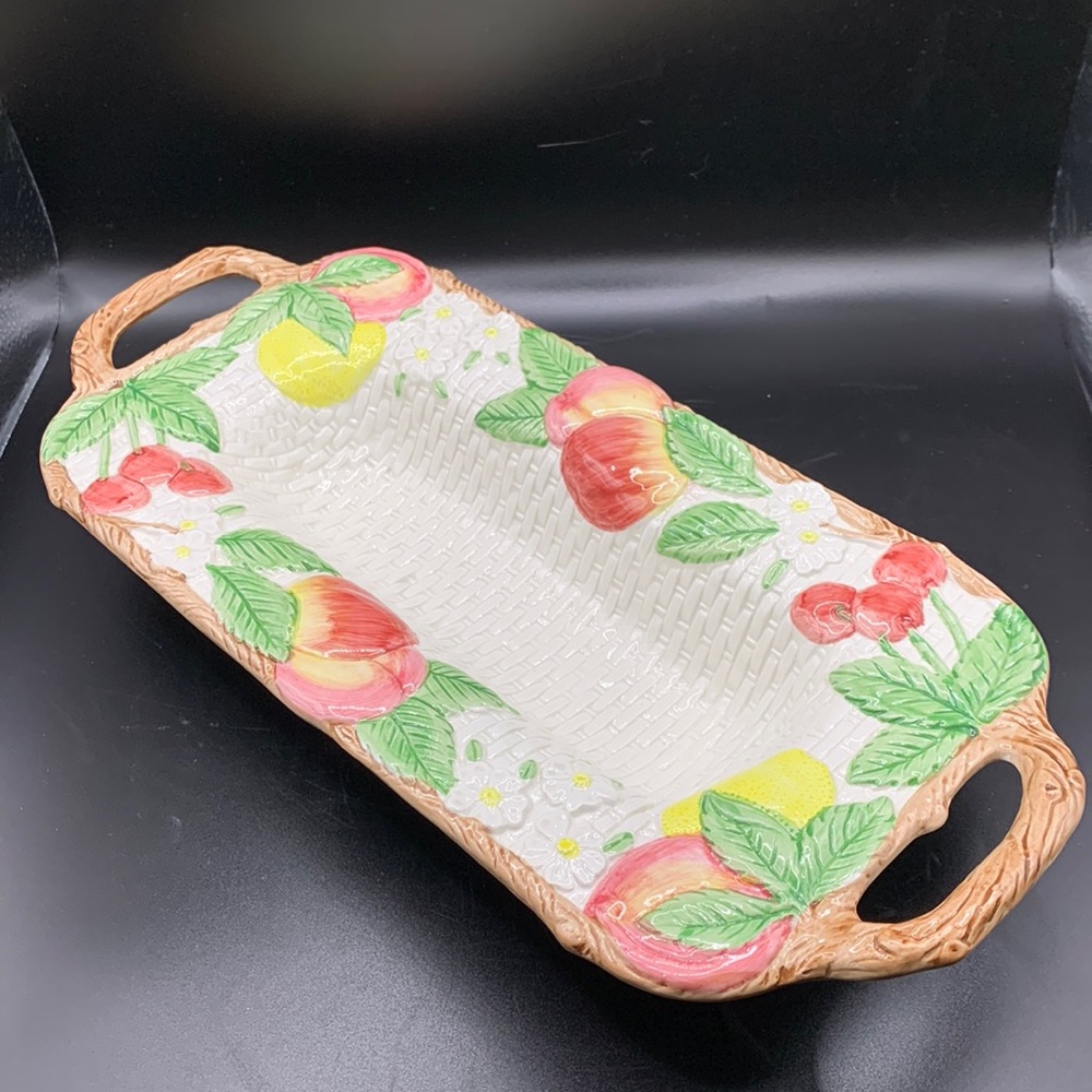 Fitz and Floyd 1990 basket weave serving dish/bowl Fruit Fair pattern
